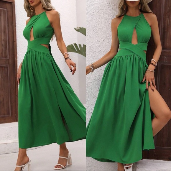 Luxe Vibrant Green Cut out halter High Waisted Dress - Picture 3 of 4